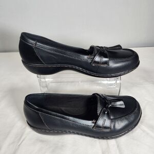 Clarks Women's Black Leather Loafers with Bow